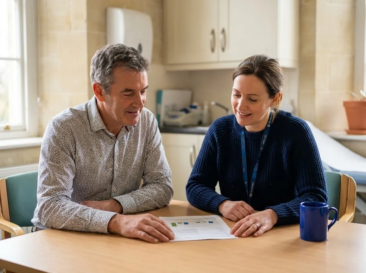 A patient and a nurse reading through a printed set of results together at a consulting-room table