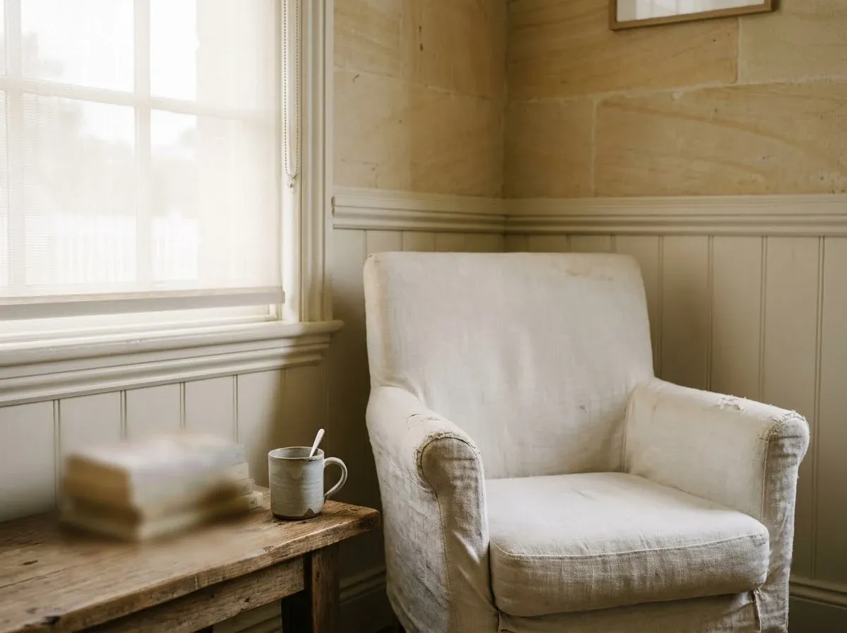 A quiet corner of a waiting area — an armchair beside a window, with a side table